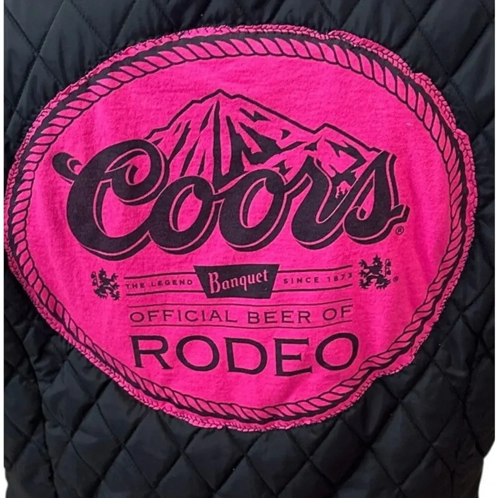 Coors Rodeo Black Puffer Vest XL Western Unique Tailgate Faux Fur Upcycled - Picture 2 of 7